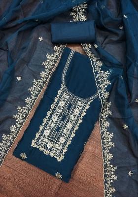 Teal Blue Embroidered Viscose Dress Material