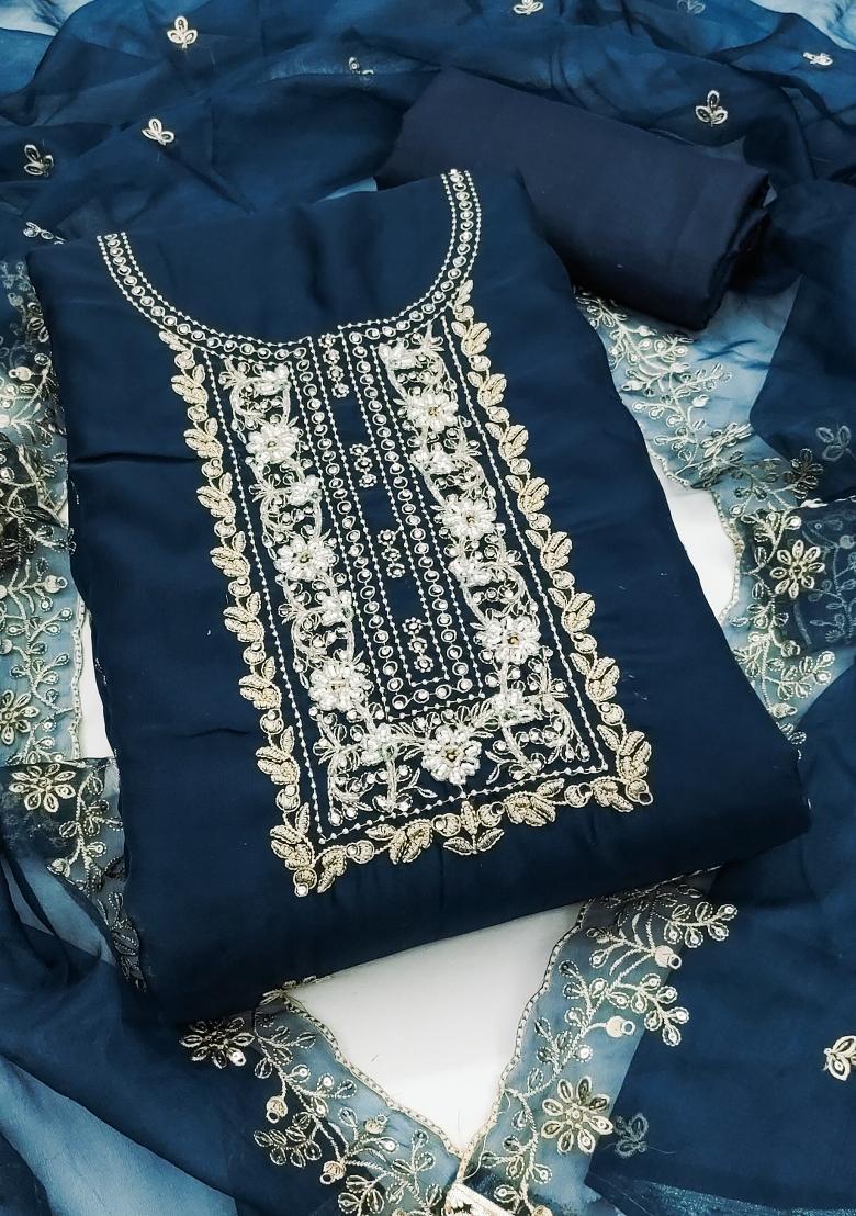 Teal Blue Embroidered Viscose Dress Material