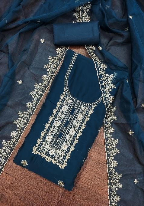 Teal Blue Embroidered Viscose Dress Material