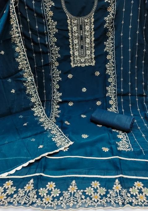 Teal Blue Embroidered Viscose Dress Material