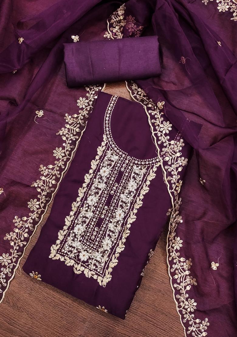 Voilet Embroidered Viscose Dress Material