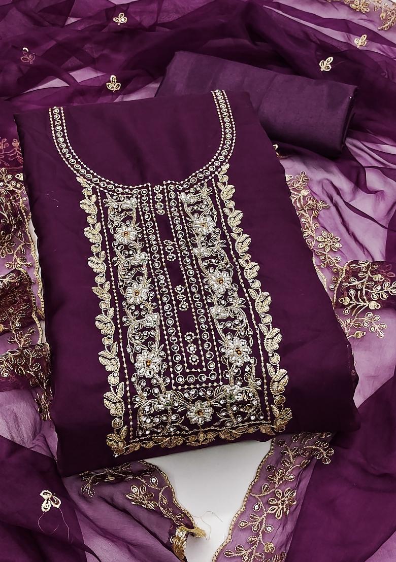 Voilet Embroidered Viscose Dress Material