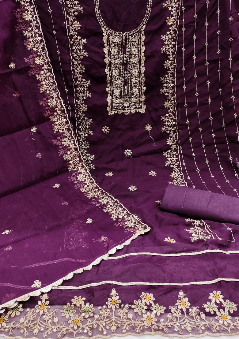 Voilet Embroidered Viscose Dress Material