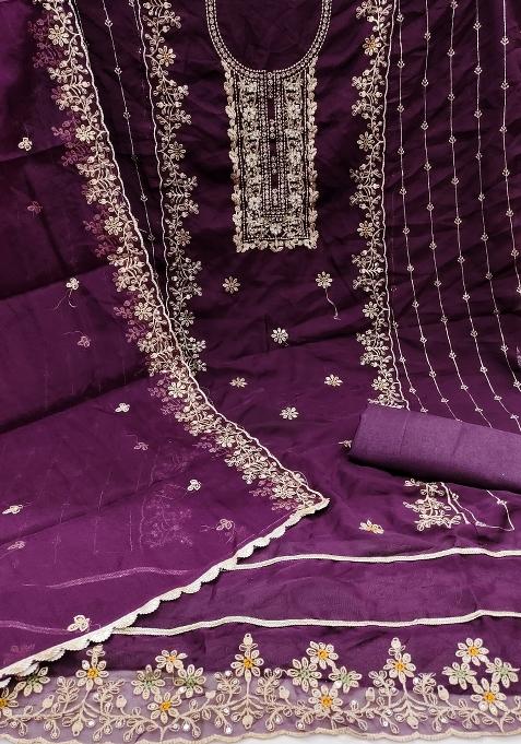 Voilet Embroidered Viscose Dress Material