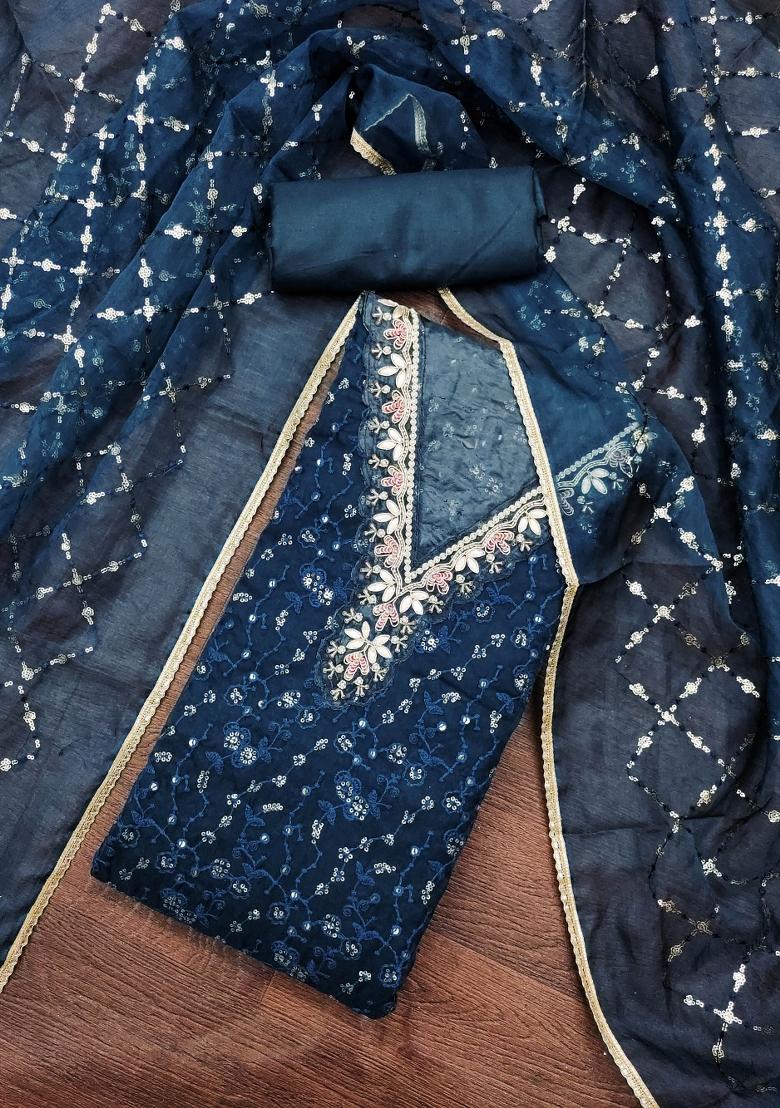 Teal Blue Embroidered Viscose Dress Material