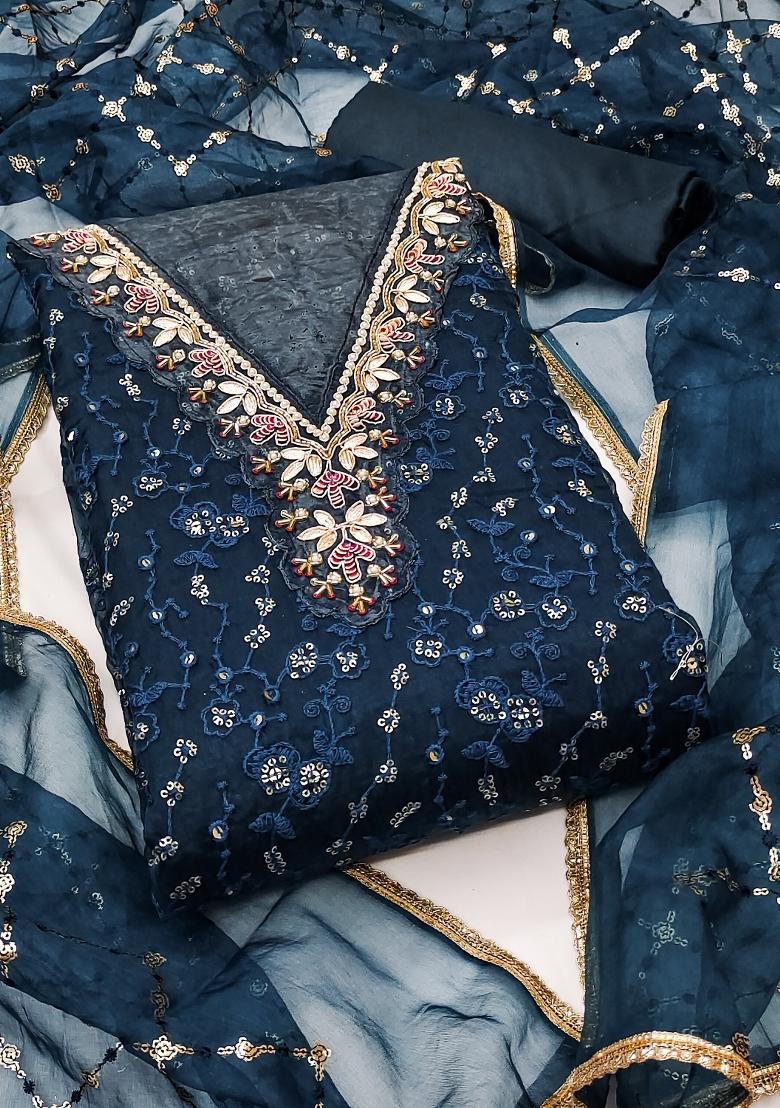 Teal Blue Embroidered Viscose Dress Material