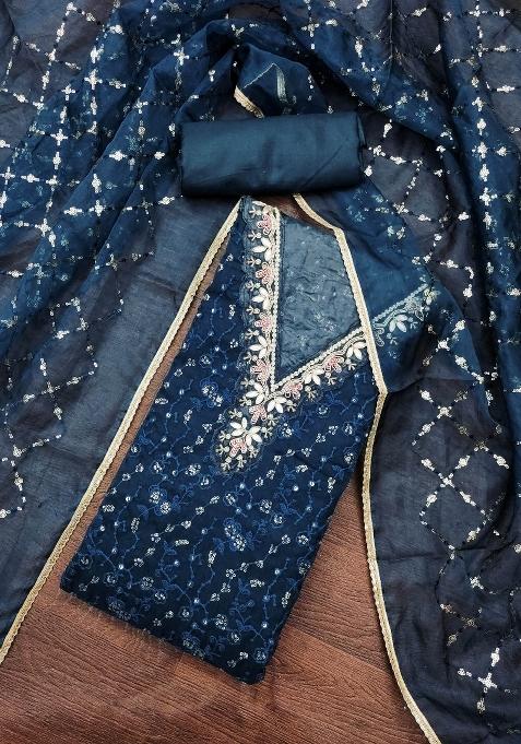 Teal Blue Embroidered Viscose Dress Material