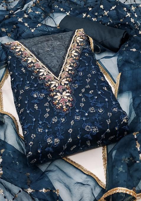 Teal Blue Embroidered Viscose Dress Material