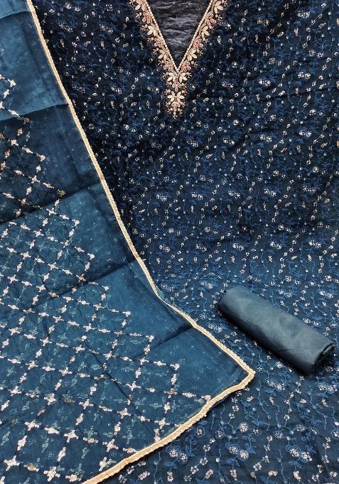 Teal Blue Embroidered Viscose Dress Material