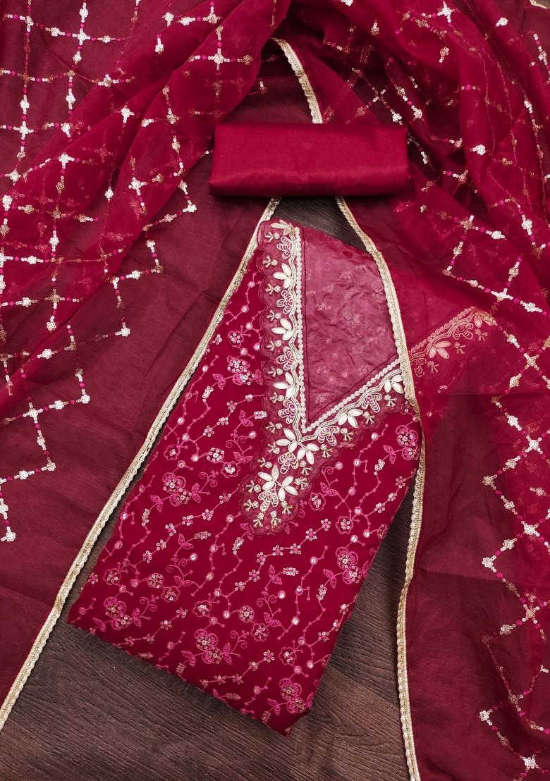 Maroon Embroidered Viscose Dress Material