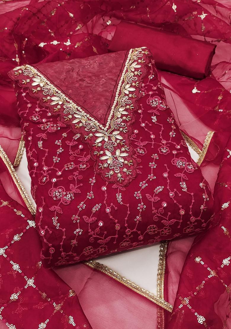 Maroon Embroidered Viscose Dress Material