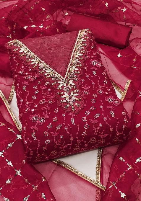 Maroon Embroidered Viscose Dress Material