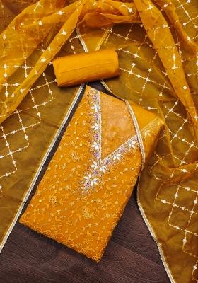 Yellow Embroidered Viscose Dress Material