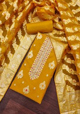 Yellow Embroidered Oragnza Dress Material