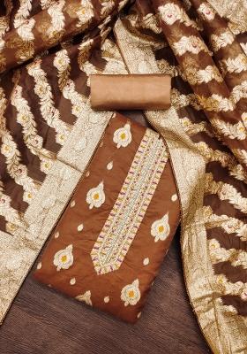 Brown Embroidered Oragnza Dress Material