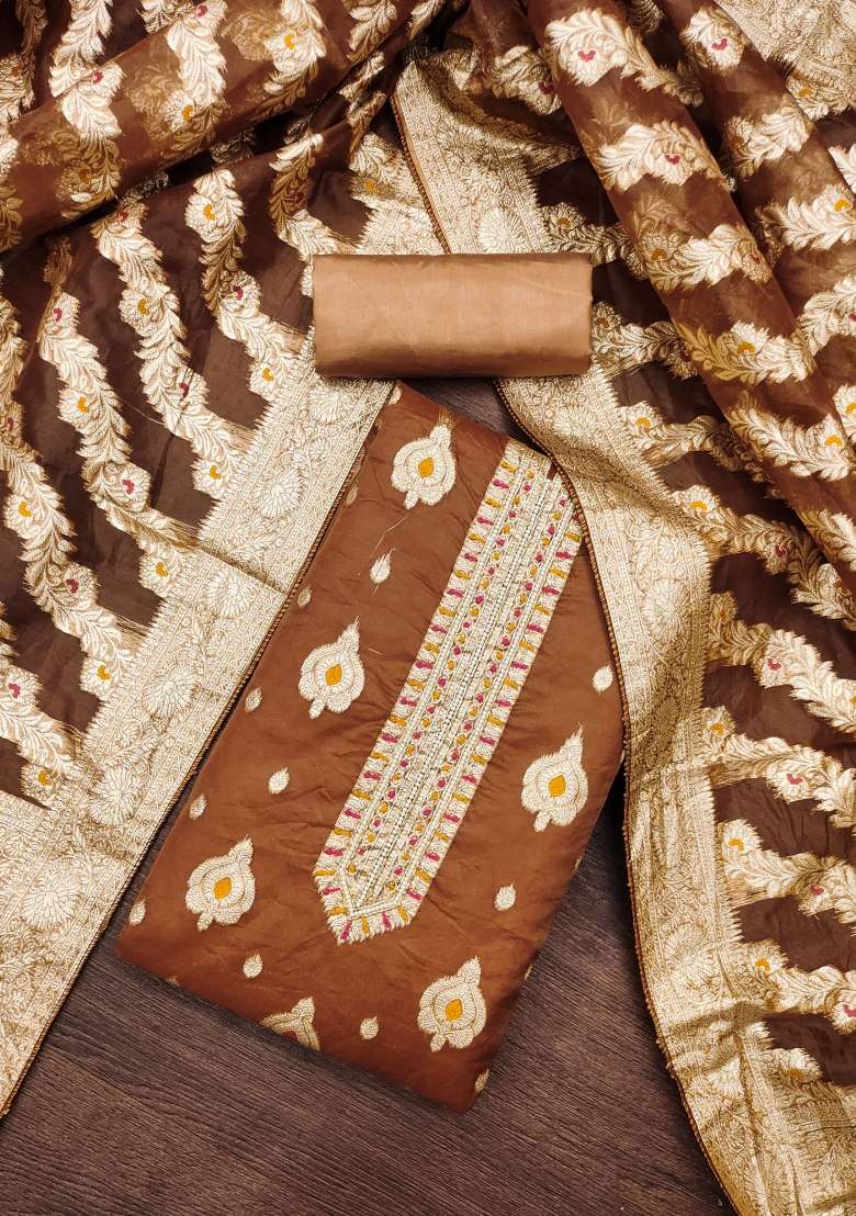 Brown Embroidered Organza Straight Kurta Set - Indya