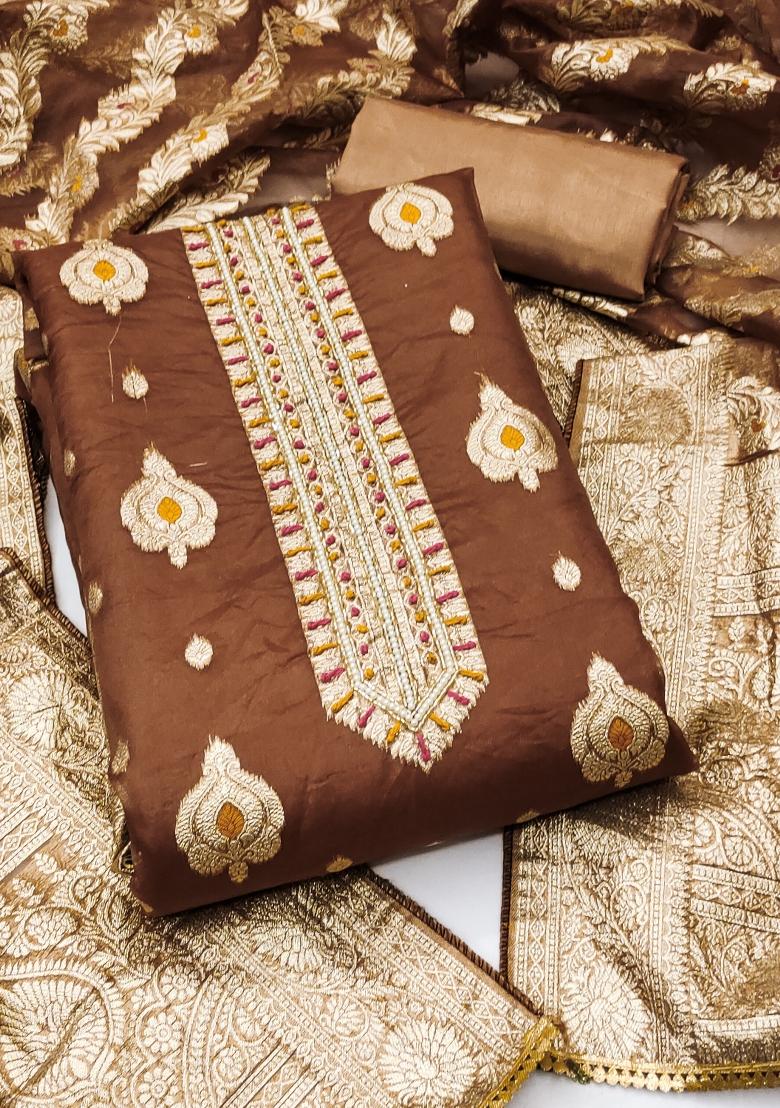 Brown Embroidered Oragnza Dress Material - Indya