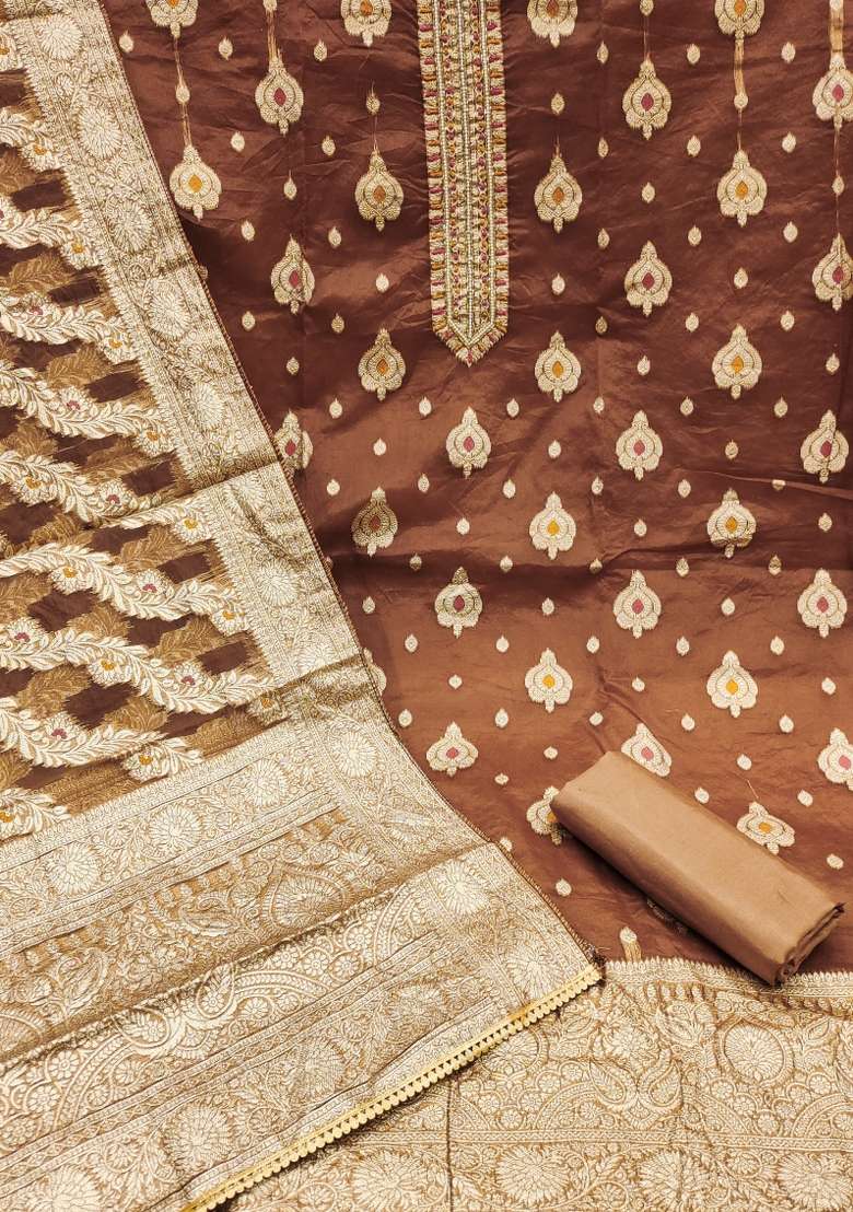 Brown Embroidered Organza Straight Kurta Set - Indya
