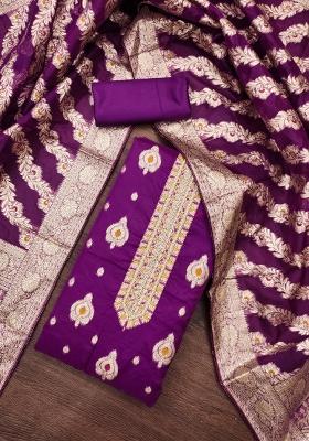 Royal Blue Embroidered Oragnza Dress Material