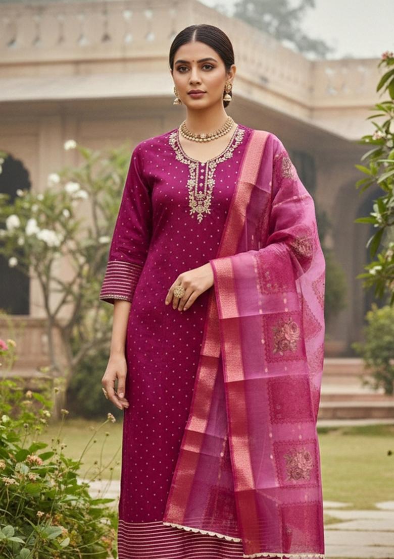 Magenta Embroidered Cotton Blend Dress Material - Indya
