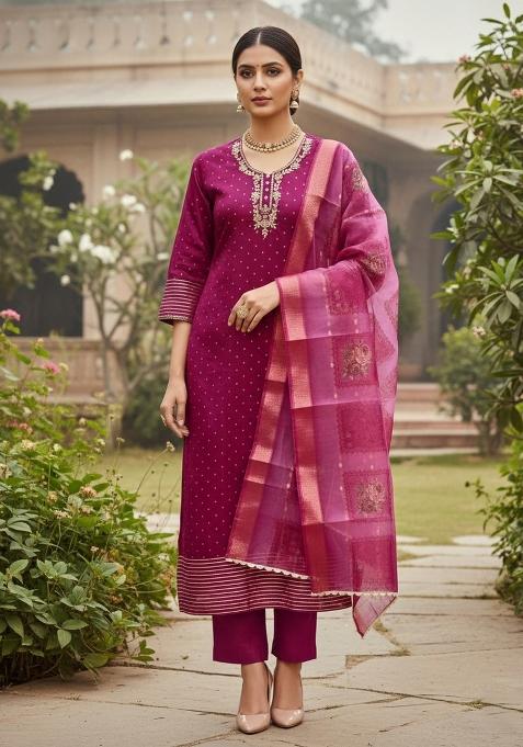 Magenta Embroidered Cotton Blend Dress Material
