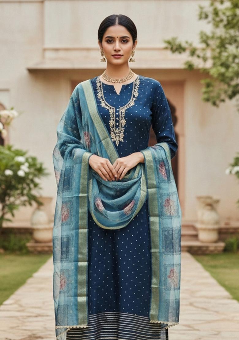 Blue Embroidered Cotton Blend Dress Material - Indya