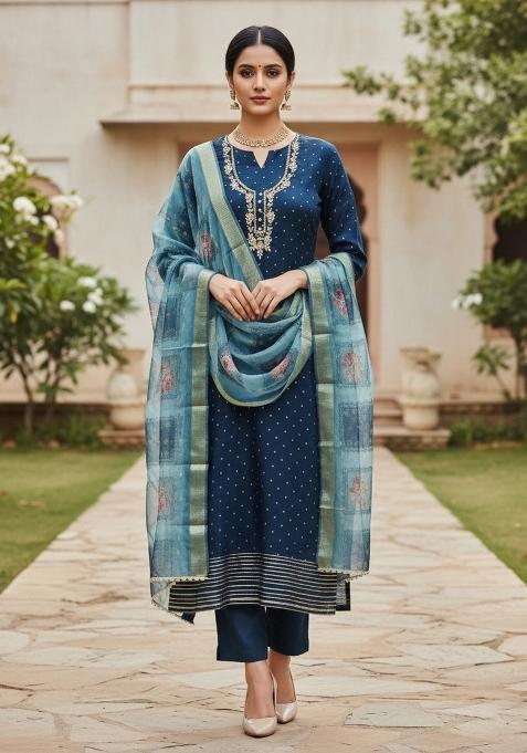 Blue Embroidered Cotton Blend Dress Material