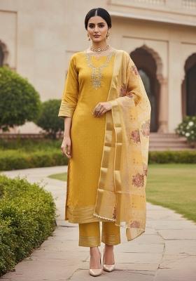 Yellow Embroidered Cotton Blend Dress Material