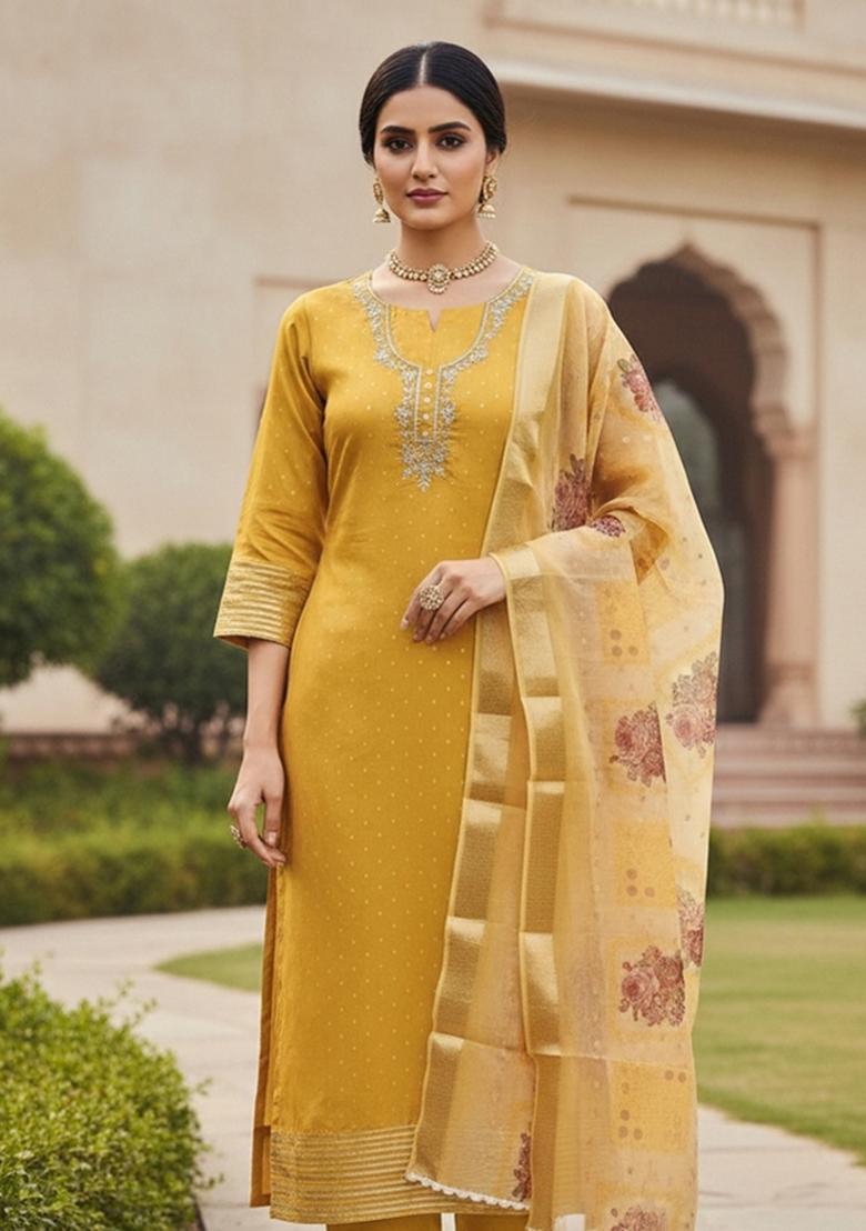 Yellow Embroidered Cotton Blend Dress Material - Indya