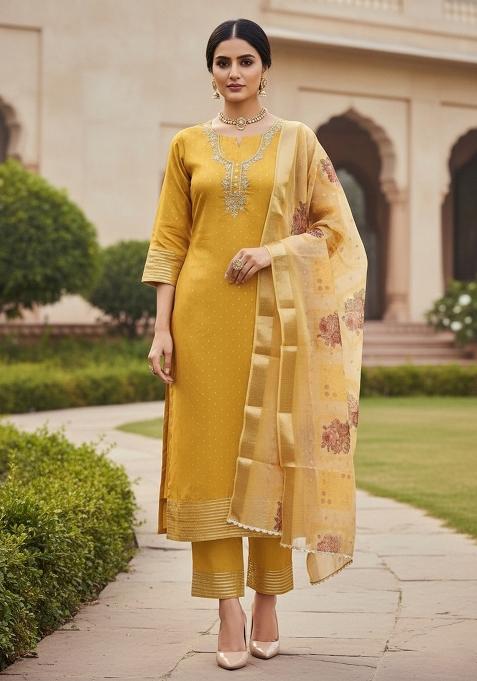 Yellow Embroidered Cotton Blend Dress Material
