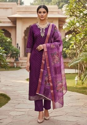 Voilet Embroidered Cotton Blend Dress Material