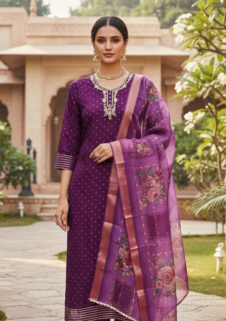 Voilet Embroidered Cotton Blend Dress Material - Indya