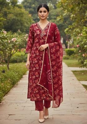 Maroon Embroidered Cotton Blend Dress Material