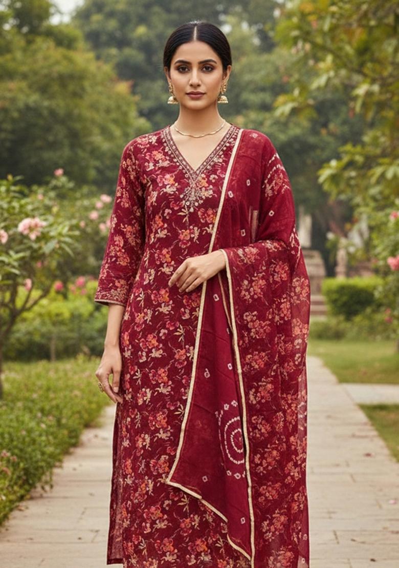 Maroon Embroidered Cotton Blend Dress Material - Indya
