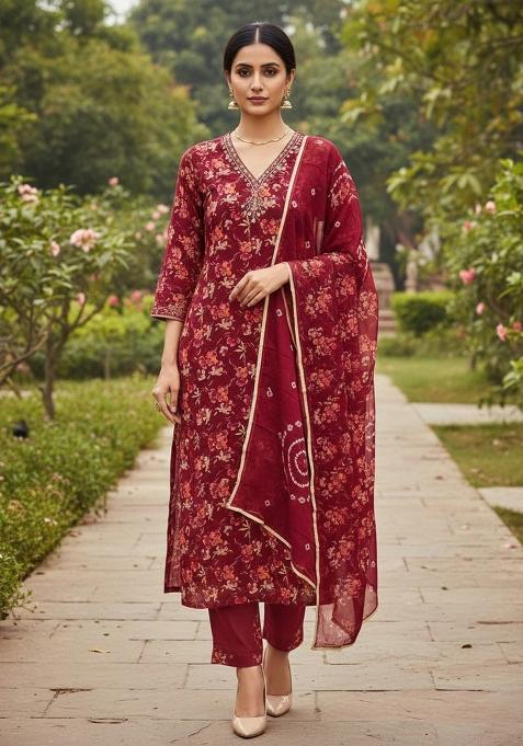 Maroon Embroidered Cotton Blend Dress Material