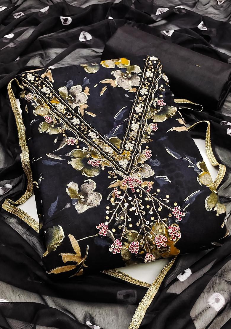 Black Embroidered Cotton Blend Dress Material - Indya