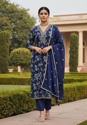 Blue Embroidered Cotton Blend Dress Material
