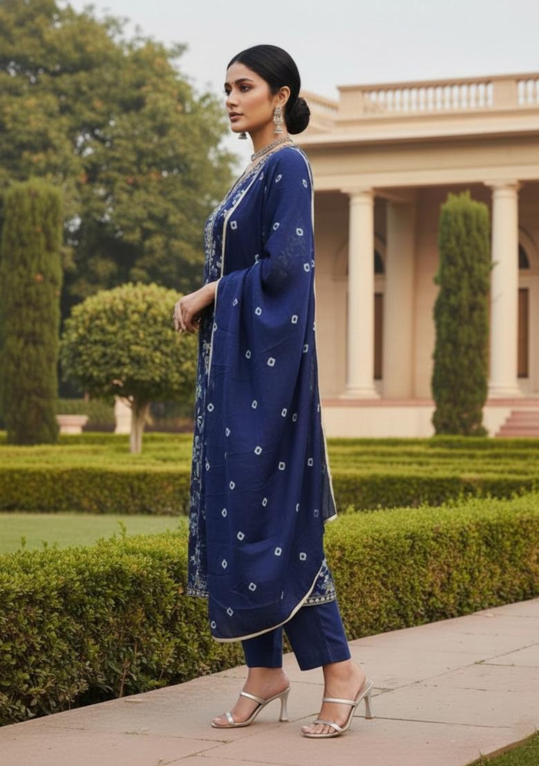 Blue Embroidered Cotton Blend Dress Material - Indya
