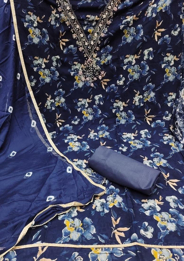 Blue Embroidered Cotton Blend Dress Material - Indya