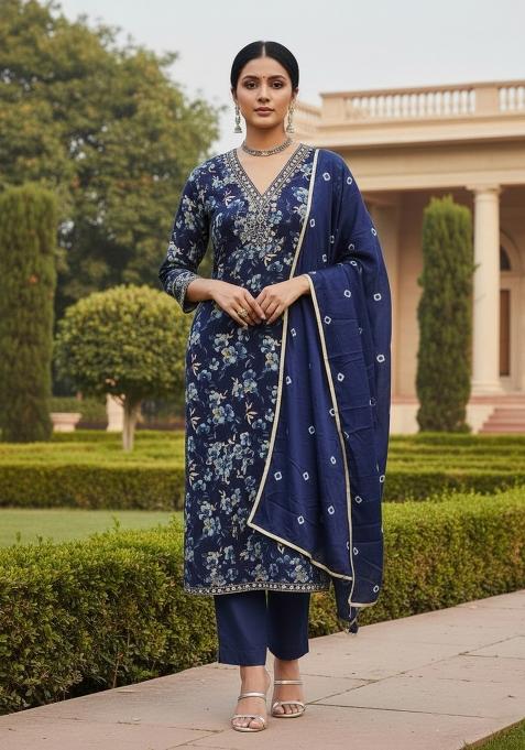 Blue Embroidered Cotton Blend Dress Material