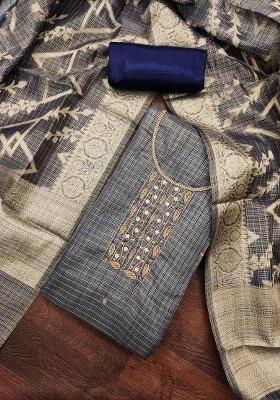 Grey Embroidered Viscose Dress Material