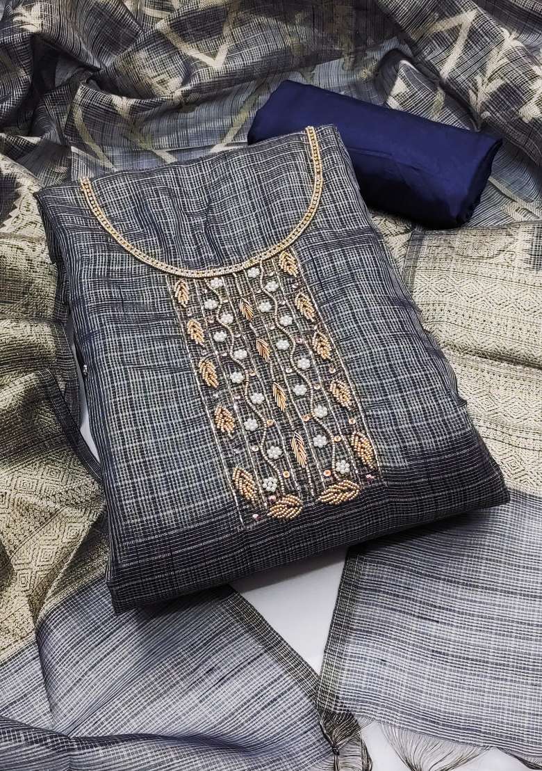Grey Embroidered Viscose Straight Kurta Set - Indya