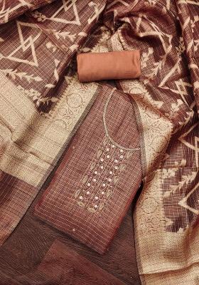 Brown Embroidered Viscose Dress Material