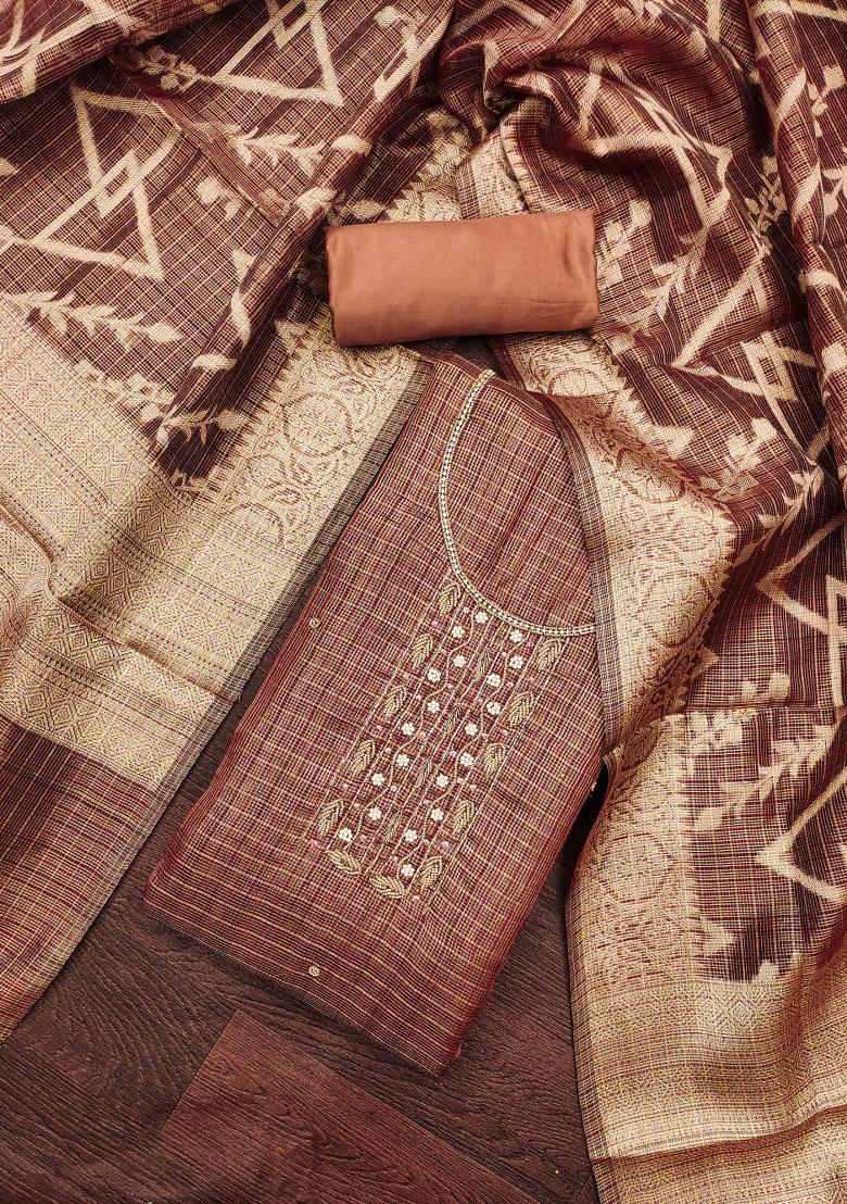 Brown Embroidered Viscose Dress Material