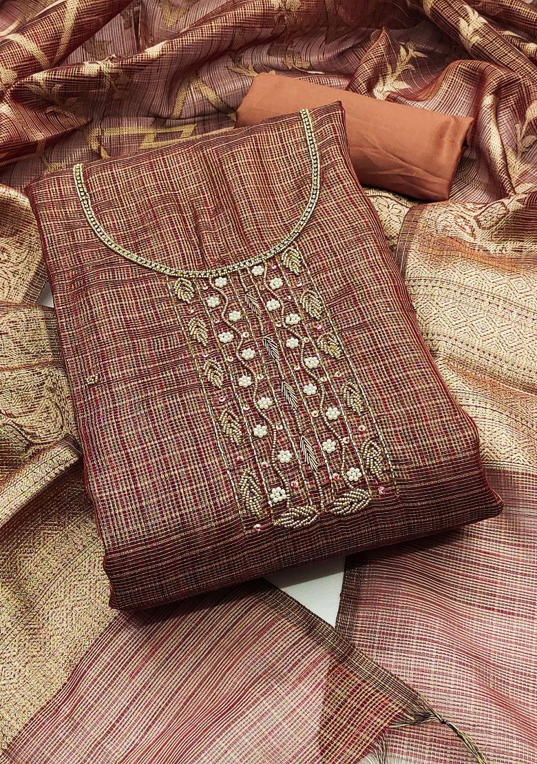 Brown Embroidered Viscose Dress Material