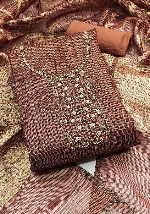 Brown Embroidered Viscose Dress Material