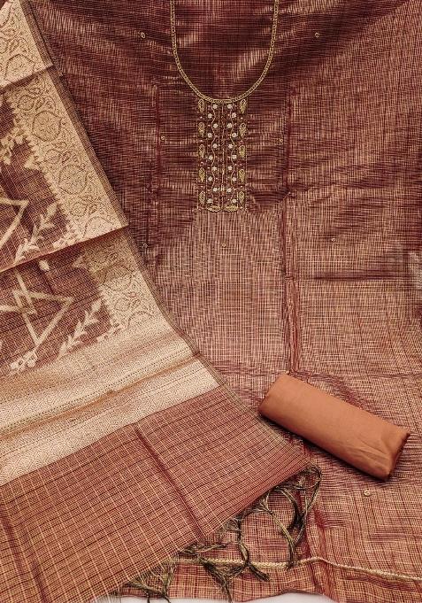 Brown Embroidered Viscose Dress Material
