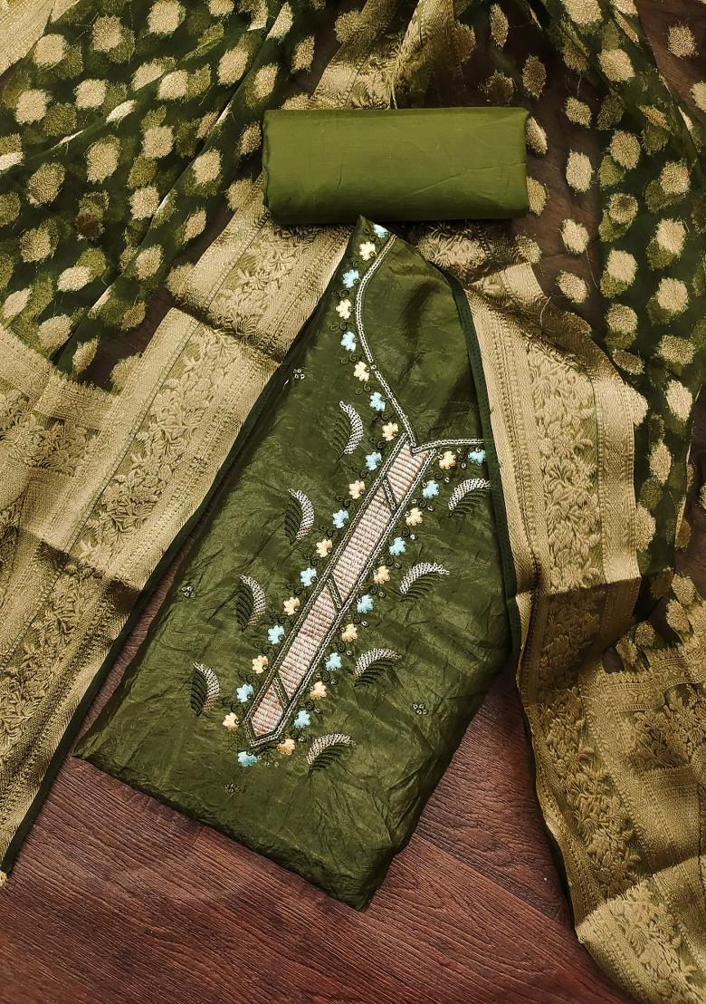 Green Embroidered Blended Dress Material