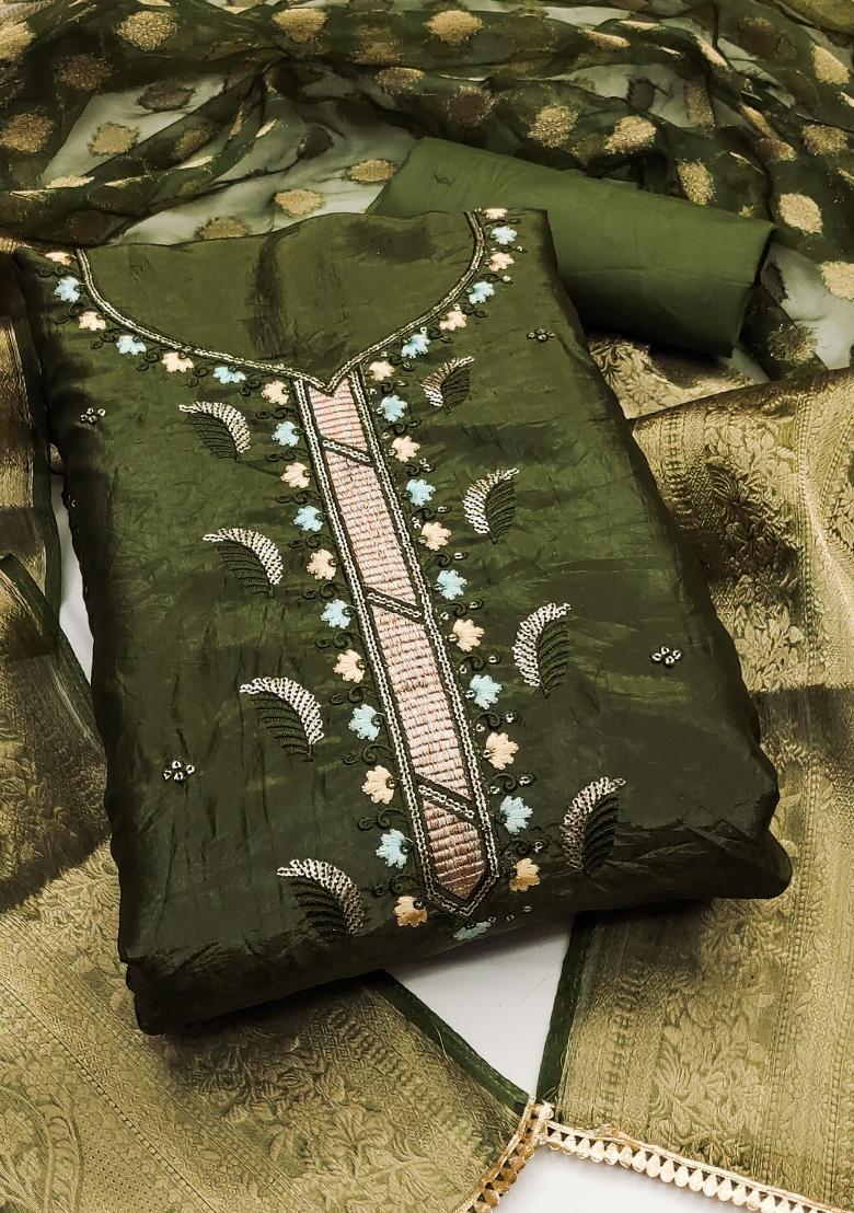 Green Embroidered Blended Dress Material