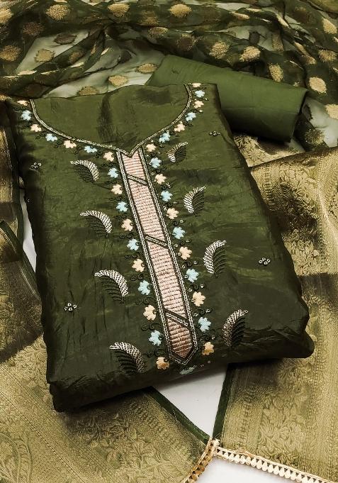 Green Embroidered Blended Dress Material